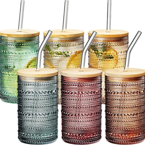 Vintage Art Deco Colorful Highball Beaded Glasses - Comes with 6X Glass Straws & Wooden Lid - Muted Embossed Cocktail, 6 Set - Gift-Ready Highballs - Unique Colored Glassware Home Bar & Kitchen Gift